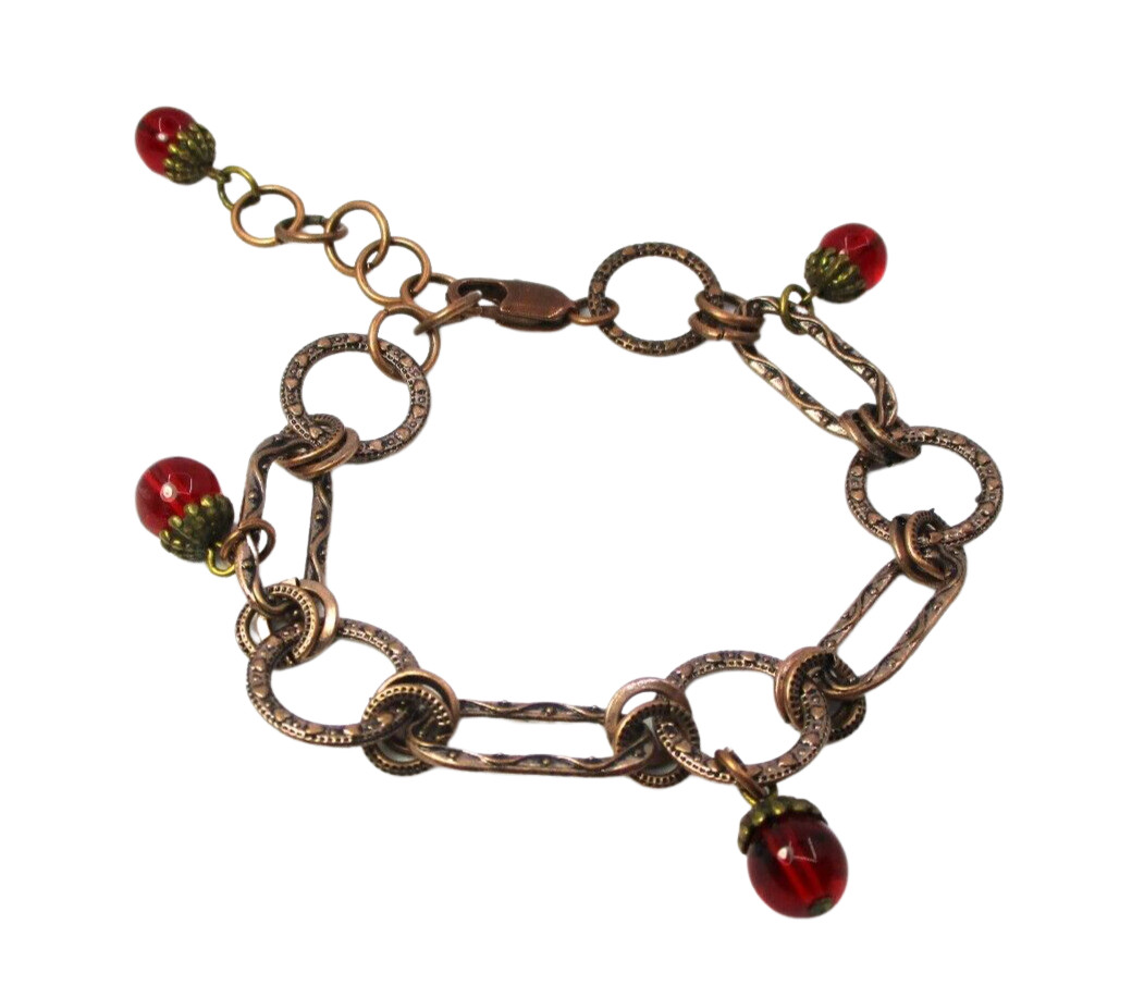 Copper Plated Bracelet w/  Vintage Red Glass Beads, 7 inches w/ 1" Ext.
