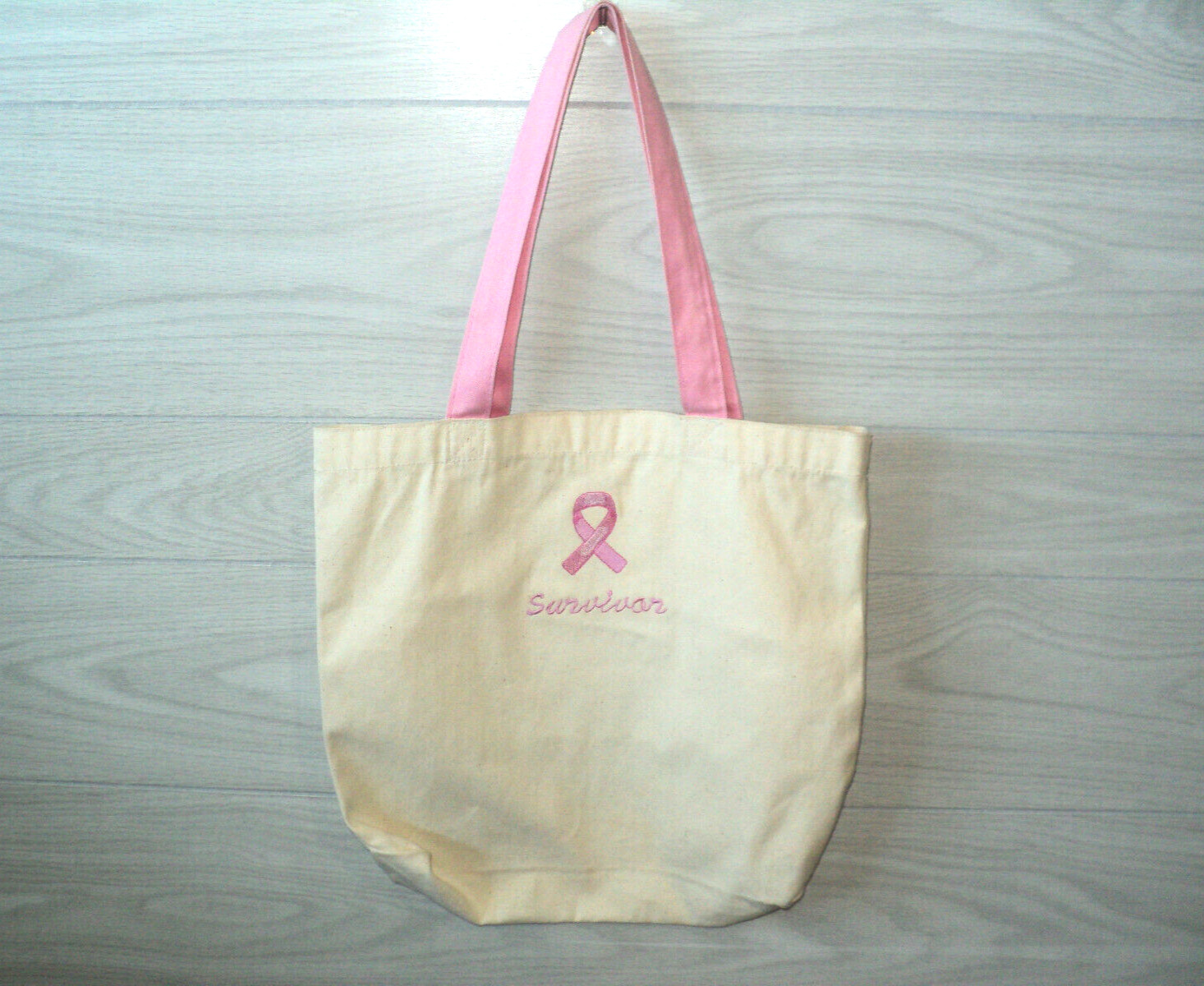 Breast Cancer Survivor Ribbon Tote Bag Natural Cotton Canvas 13.5" H x 15 W" NEW