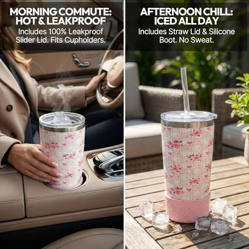 20oz Tumbler Gift Set with Leakproof Coffee Lid, Straw Lid, and Pink Roses