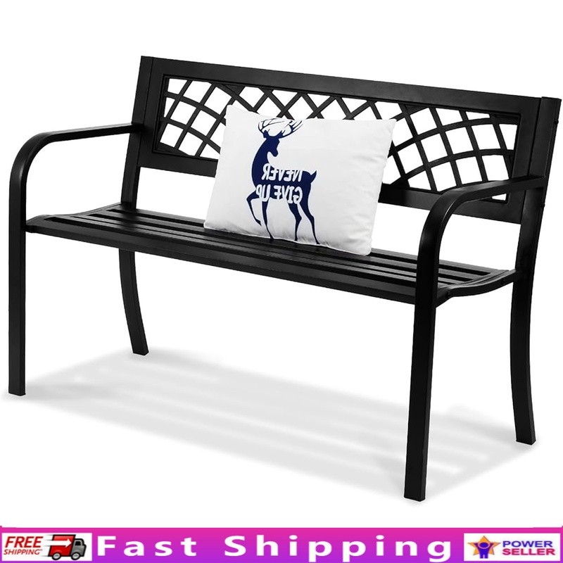 Outdoor Garden Bench Metal Frame Patio Seat Park Porch Yard 3-Person Armrests US