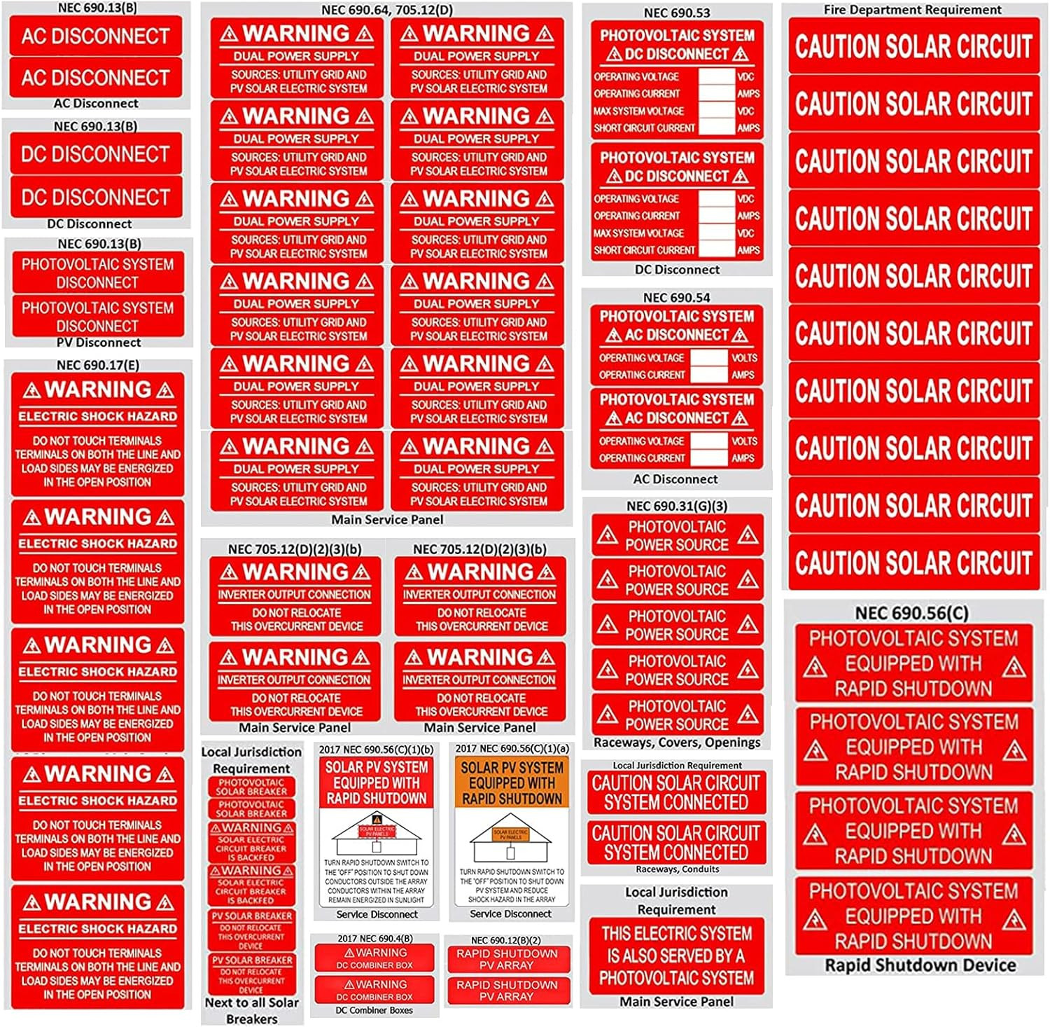 62 Pack Premium Solar PV System Labels - UV Resistant, Safety Warning Photovolta