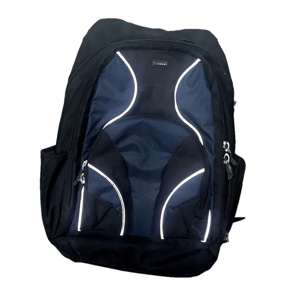 foray adult black and blue reflective laptop school backpack with many pockets