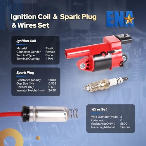 8 Ignition Coil with Spark Plug and Wire Set Compatible with Cadillac Red