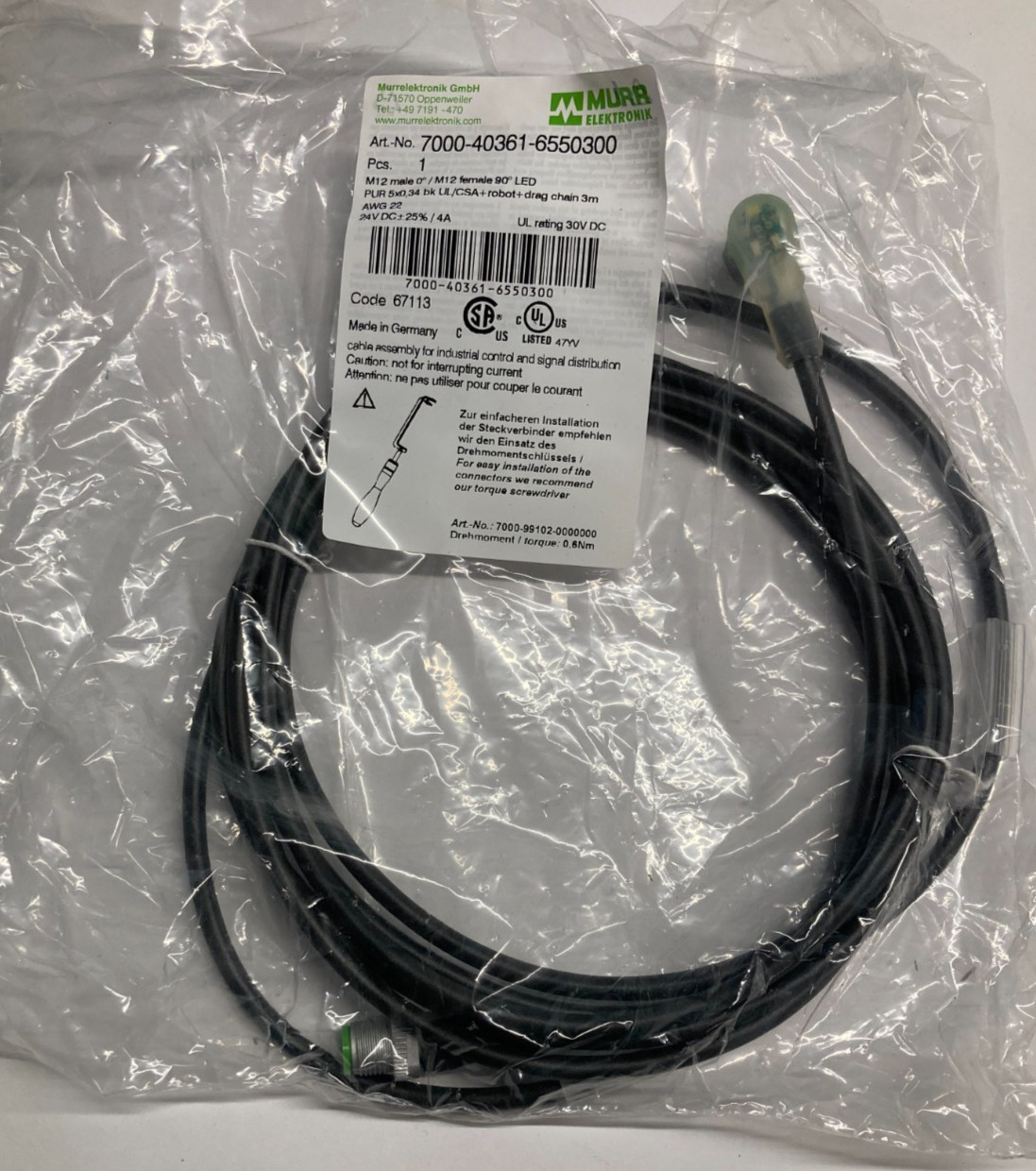 Murrelektronik 7000-40361-6550300 PUR 5x0.34 M12 pcs. 0° / M12 Bu. 90° LED ORIGINAL BOX