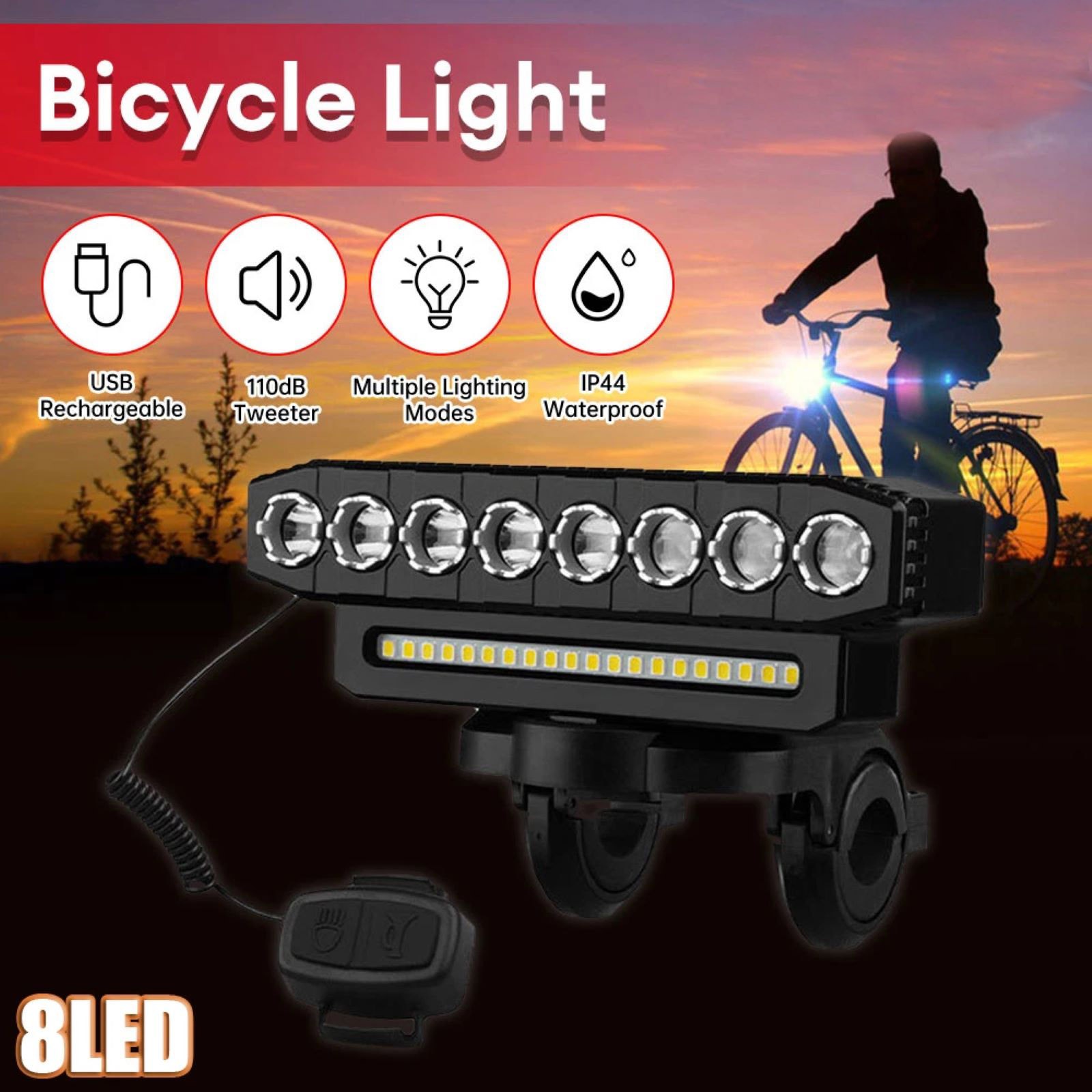 Bicycle Front Headlight LED Bike Light With 130dB High Pitched Speaker