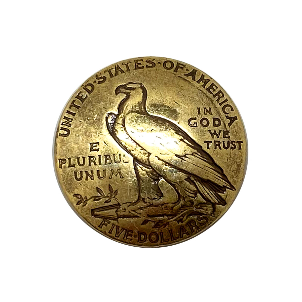 ANTIQUE GOLD FIVE DOLLARS REPRODUCTION COIN CONCHO SIZE 7/8" -TAIL Screw back