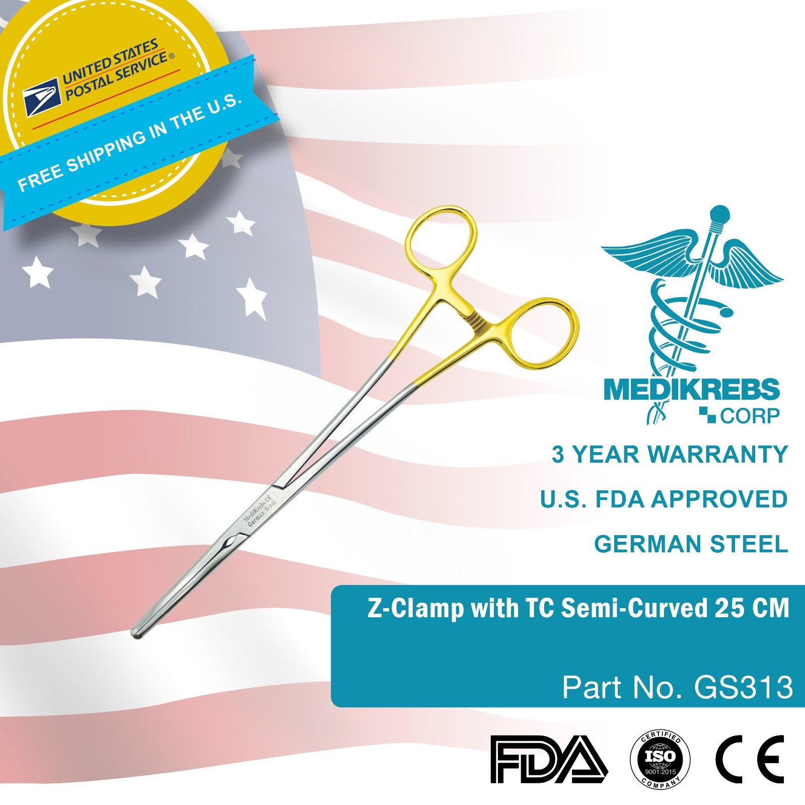 Z-Clamp with TC Semi-Curved 25 cm German Steel Surgical Instrument