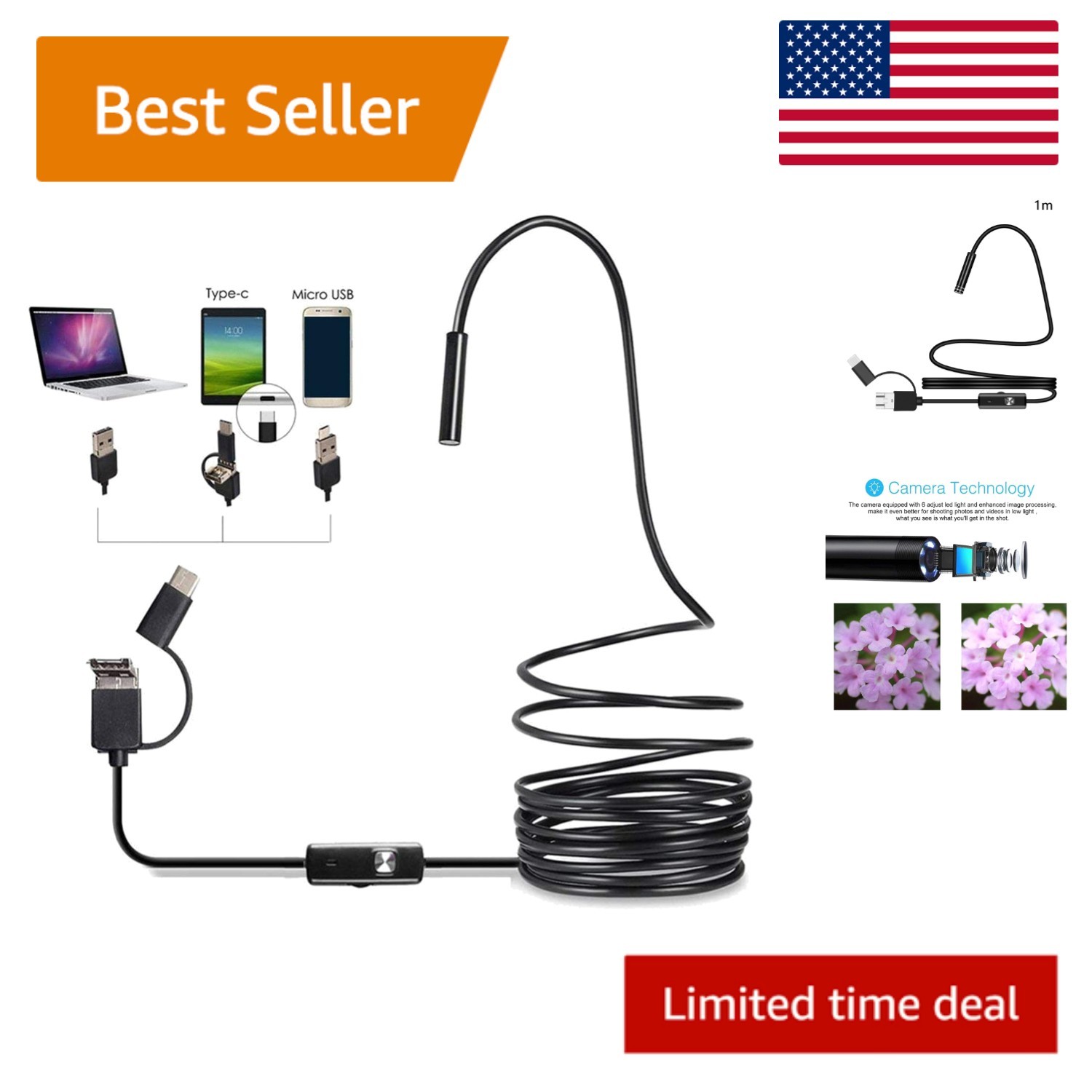 3 in 1 Waterproof Endoscope Camera with 6 LED Lights for Android Devices