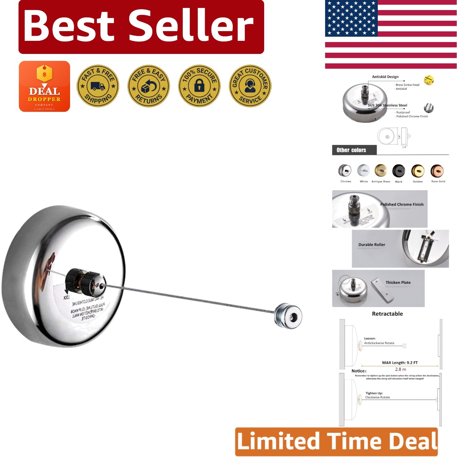 Versatile 9.2 Feet Retractable Clothes Dryer - Rustproof Stainless Steel Design