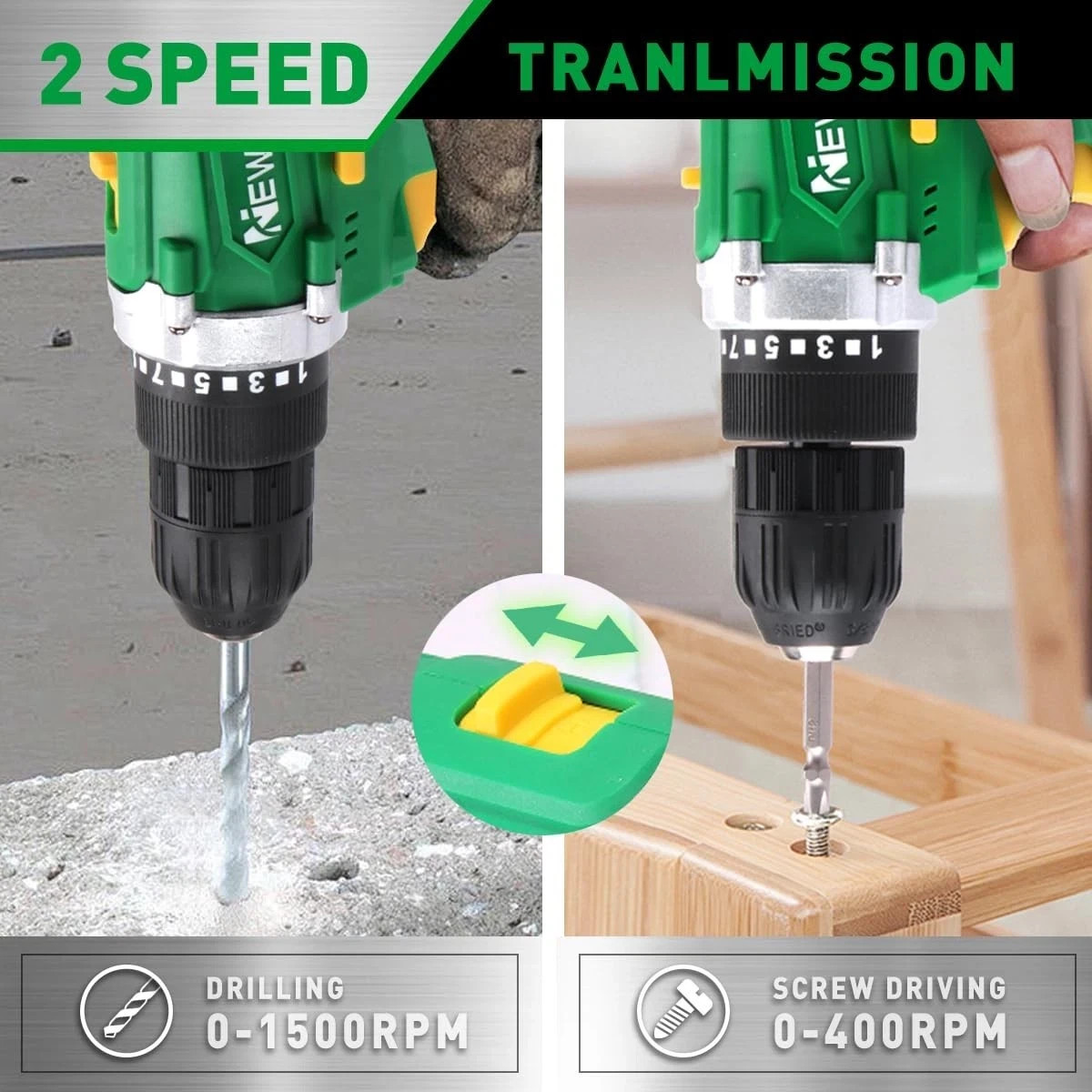 Variable Speed Cordless Drill Driver 21V Li-Ion Battery w/ LED Work Light