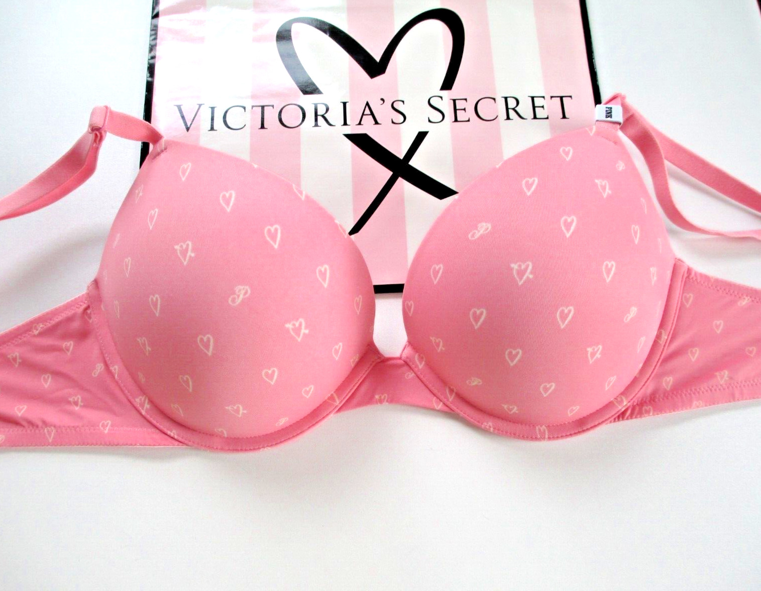 VICTORIA'S SECRET PINK Super Push-Up Bra VS Pink Hearts 34C 34D 36A 36C 36D 36DD