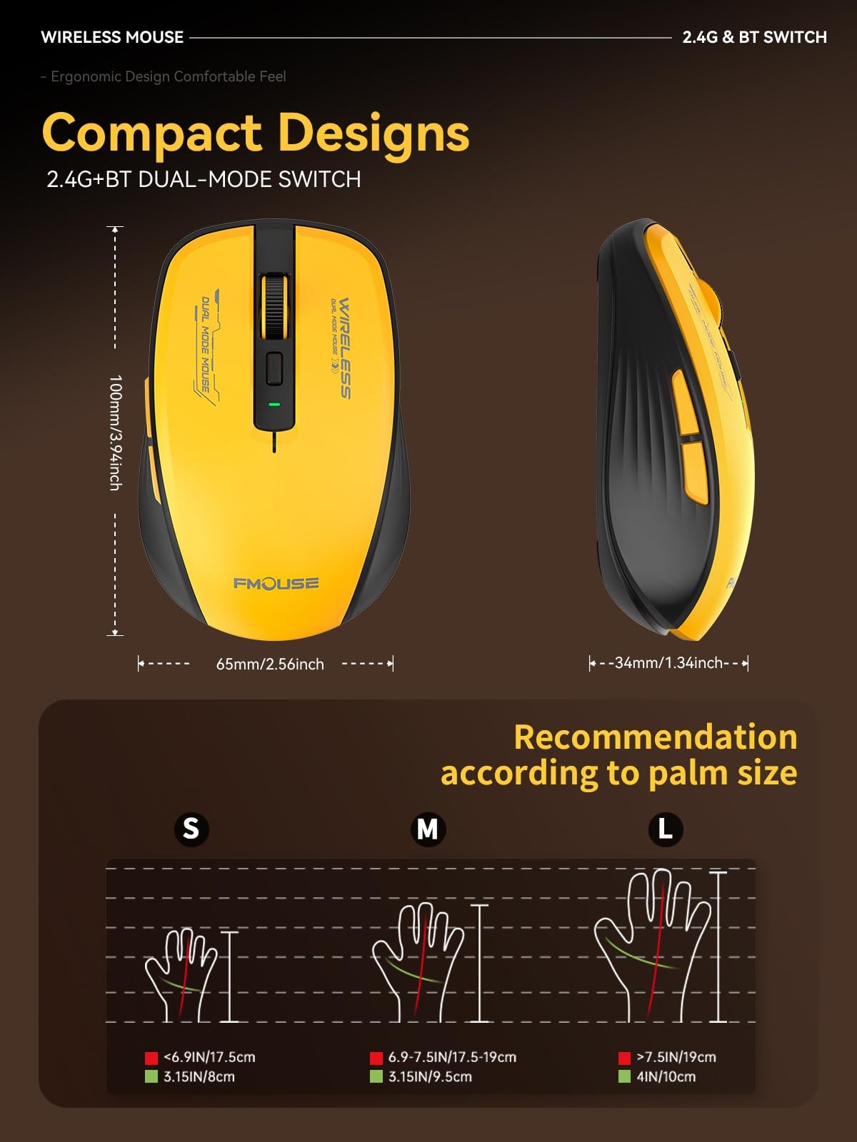 DAHULI Wireless Mouse Yellow Black, Dual-Mode Bluetooth/2.4G, Side Buttons
