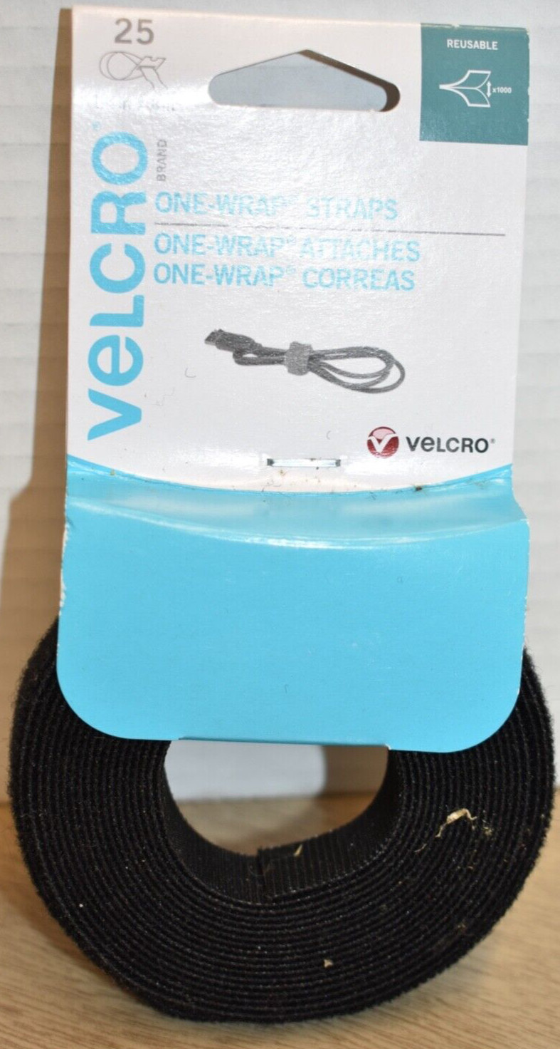 New in Package Velcro ® Brand Black One Wrap Straps 25 (1/4" x 8") reusable ties