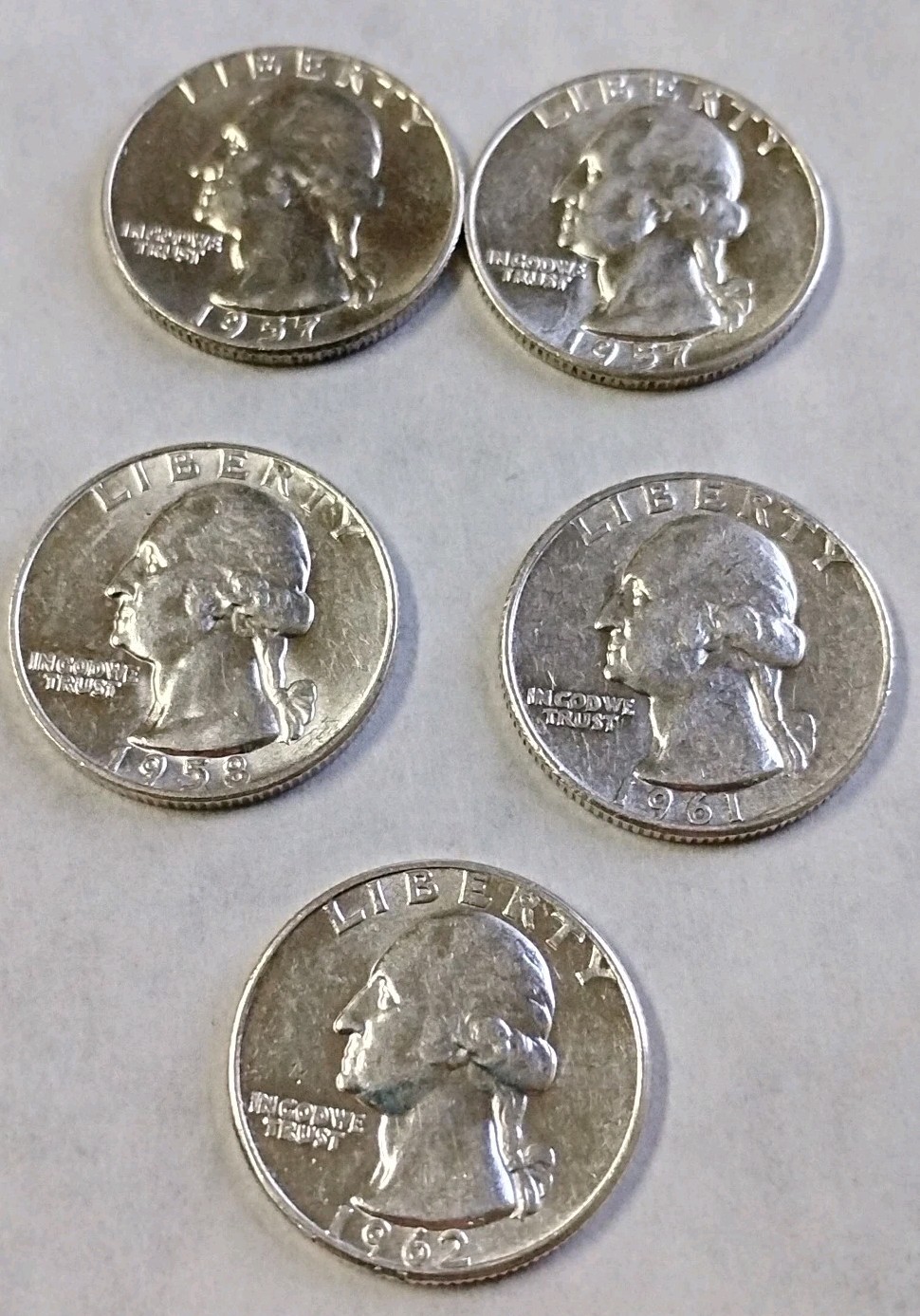 Lot of 5 🔥1957 P+D 1958 D 1961 P 1962P Washington Silver Quarters 🔥AU/BU #W99