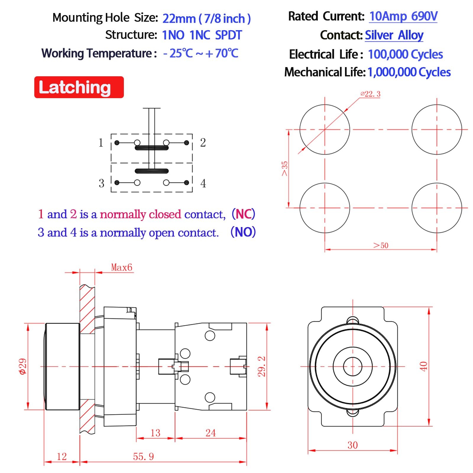2 PCS 10A 22MM Latching Push Button Switch 1NO 1NC SPDT 660V AC Waterproof