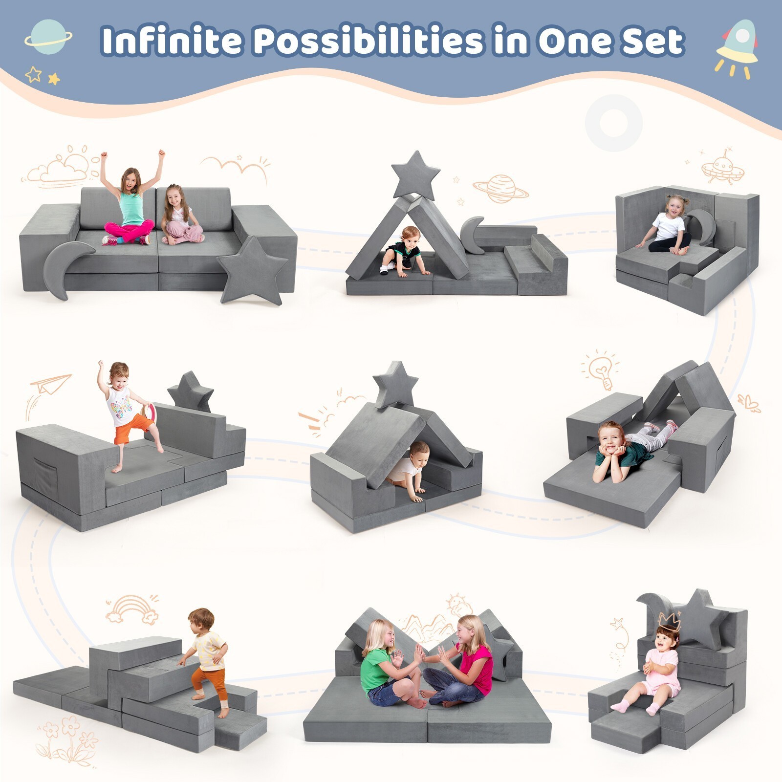 Modular Kids Play Couch for Playroom Bedroom, 9 in 1 Gray, Kids Large Game Toy