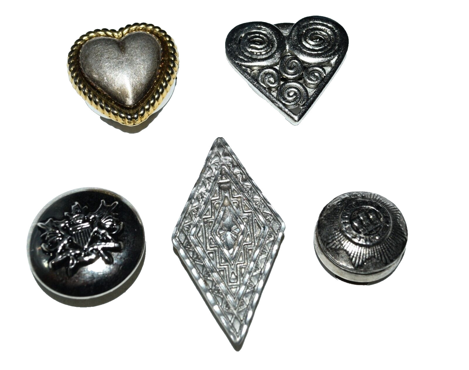 Vintage Lot of 5 Silver Tone 3 Embossed 1 Engraved 1 Puffy (Heart) Button Covers