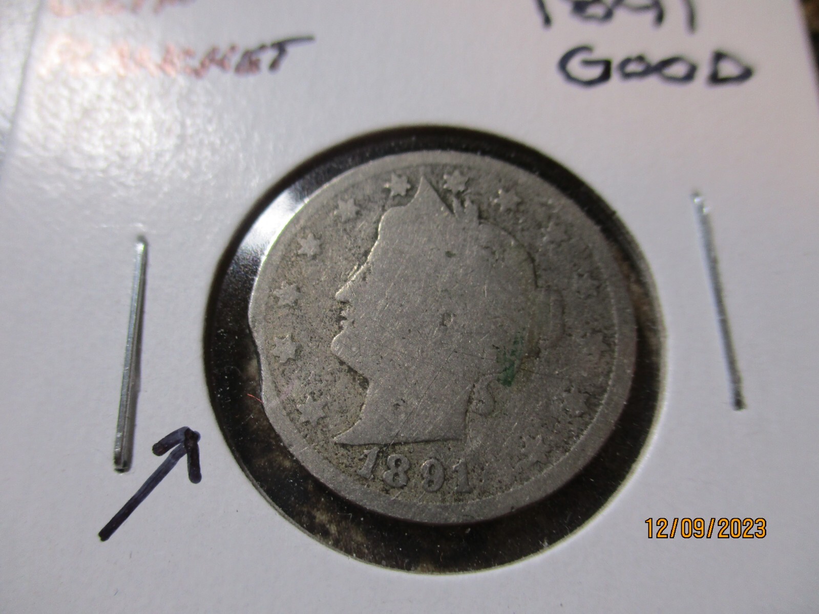 1891 V NICKEL CLIP PLANCHET GOOD   CV