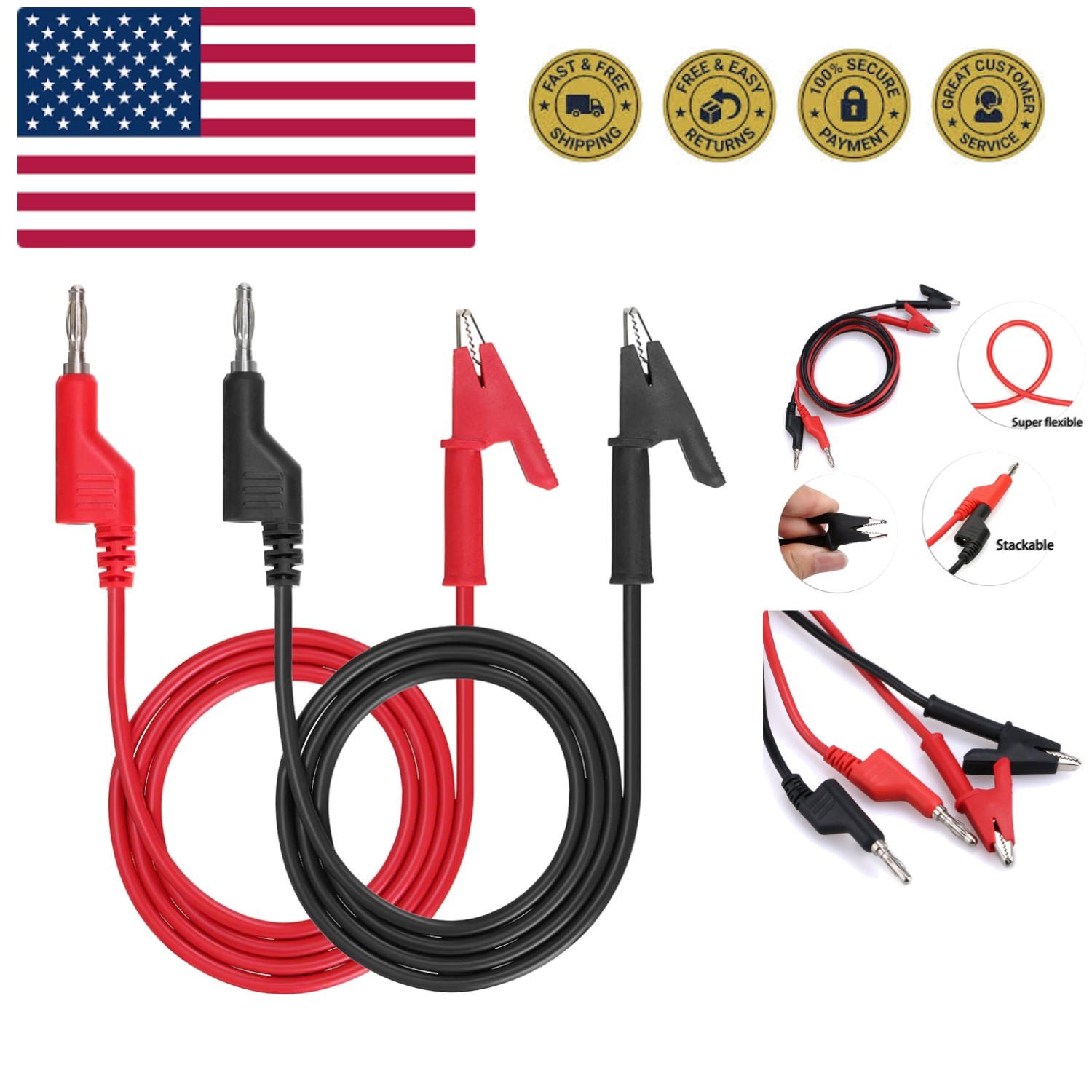 Multimeter Banana Plug to Crocodile Alligator Clip  Probe, 2PCS 4mm Stackable...
