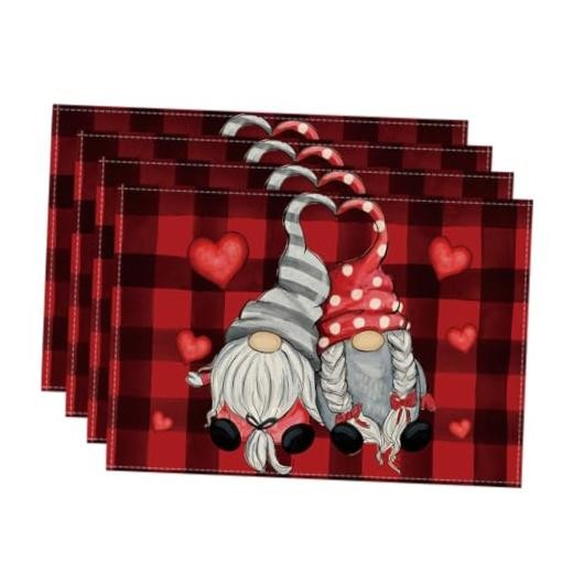 Red Black Buffalo Plaid Hearts Gnomes 12" x 18", Rectangular 4 Pcs Red / Black