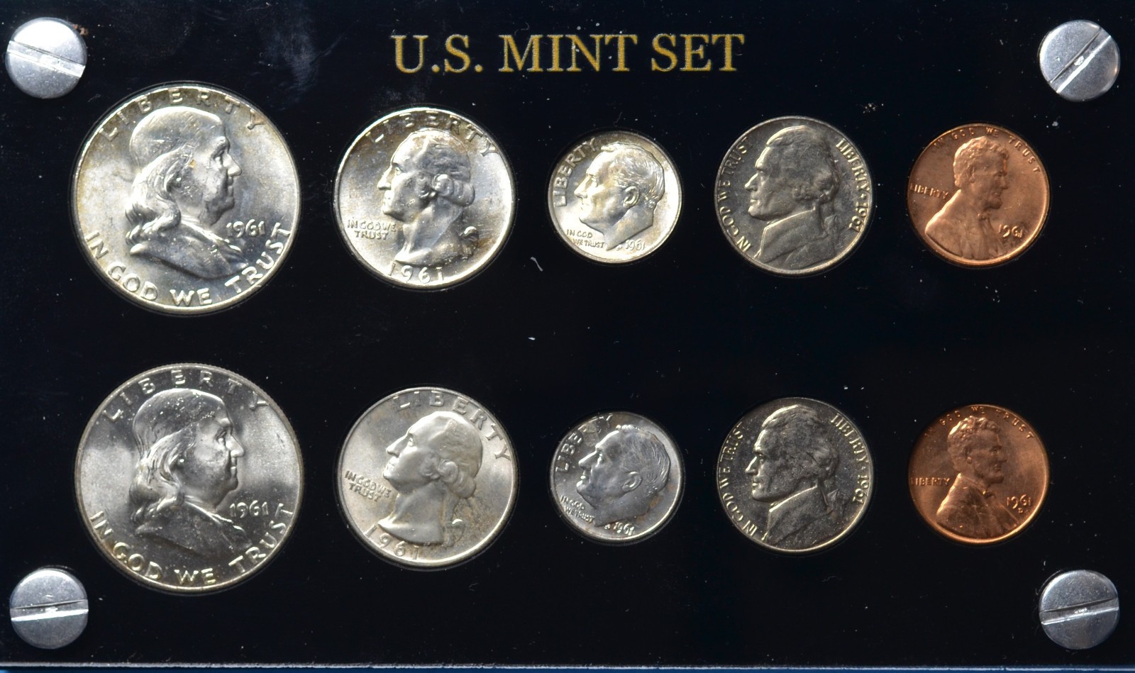 1961 P D GEM CHOICE MINT SET IN BLACK CAPITAL HOLDER BRILLIANT UNCIRCULATED