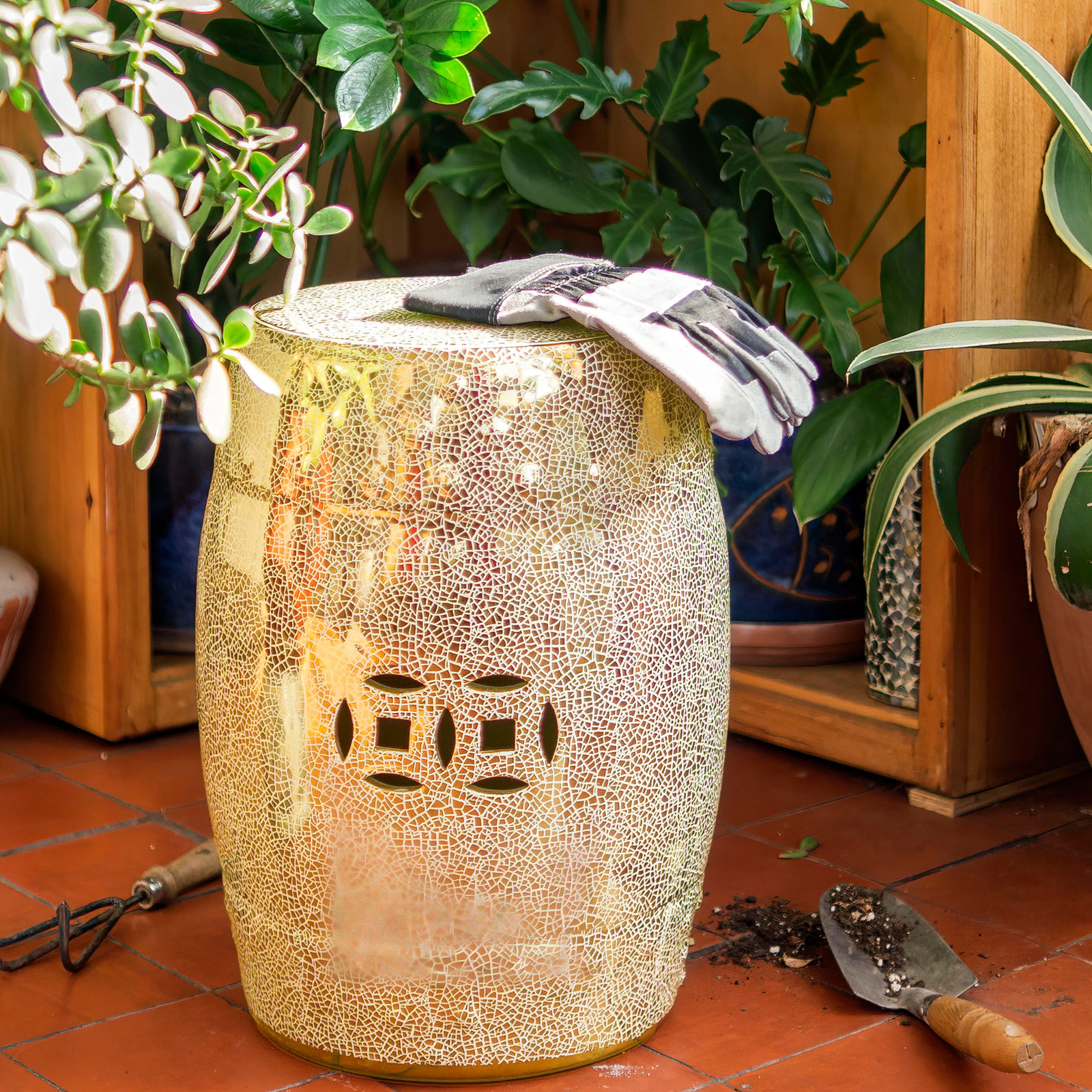 18" Gold Crackle Garden Stool