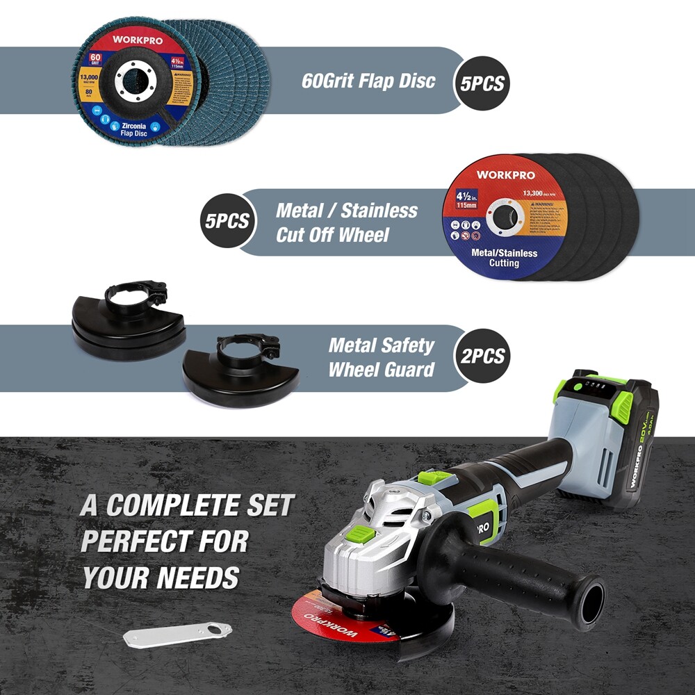 WORKPRO 20V Cordless Angle Grinder Kit 4.5" 4Ah Lithium-Ion Battery Fast Charger