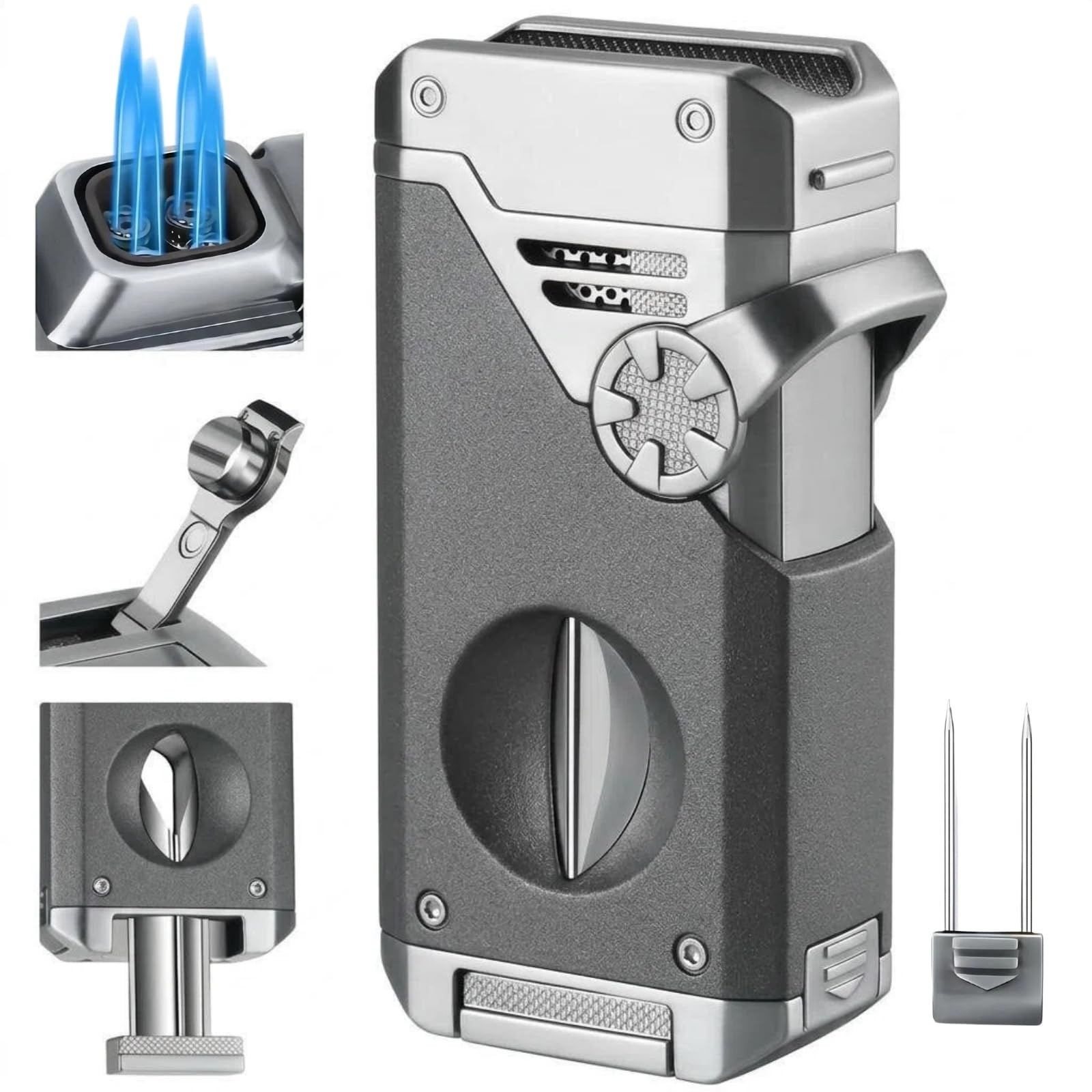 5-in-1 Butane Torch Lighter, Windproof 4 Jet Blue Flames, Adjustable and Refilla