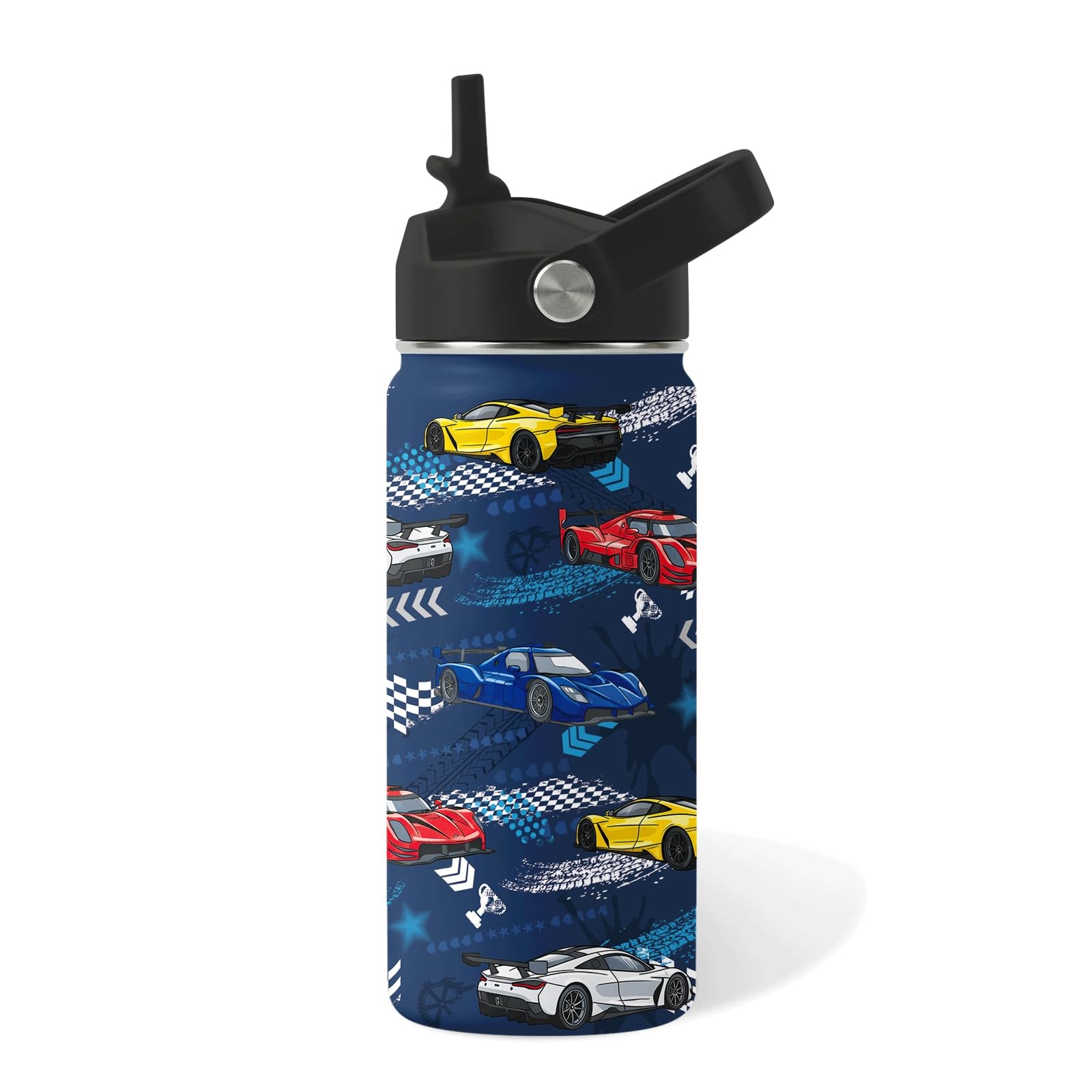 Racing Car Gifts for Boys - 16oz Kids Water Bottle with Straw Lid, Stainless ...