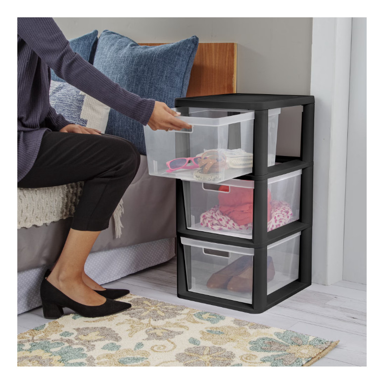 2 Pack 3 Drawer Storage Tower Plastic Organizer with Clear Bins Black