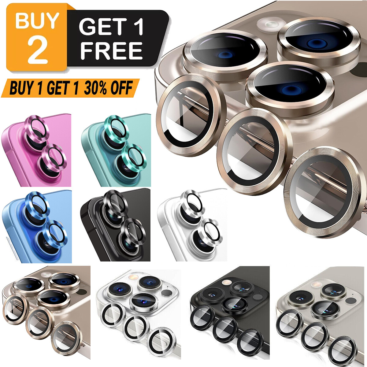 For iPhone 16 15 Pro Max Plus Metal Ring Tempered Glass HD Camera Lens Protector