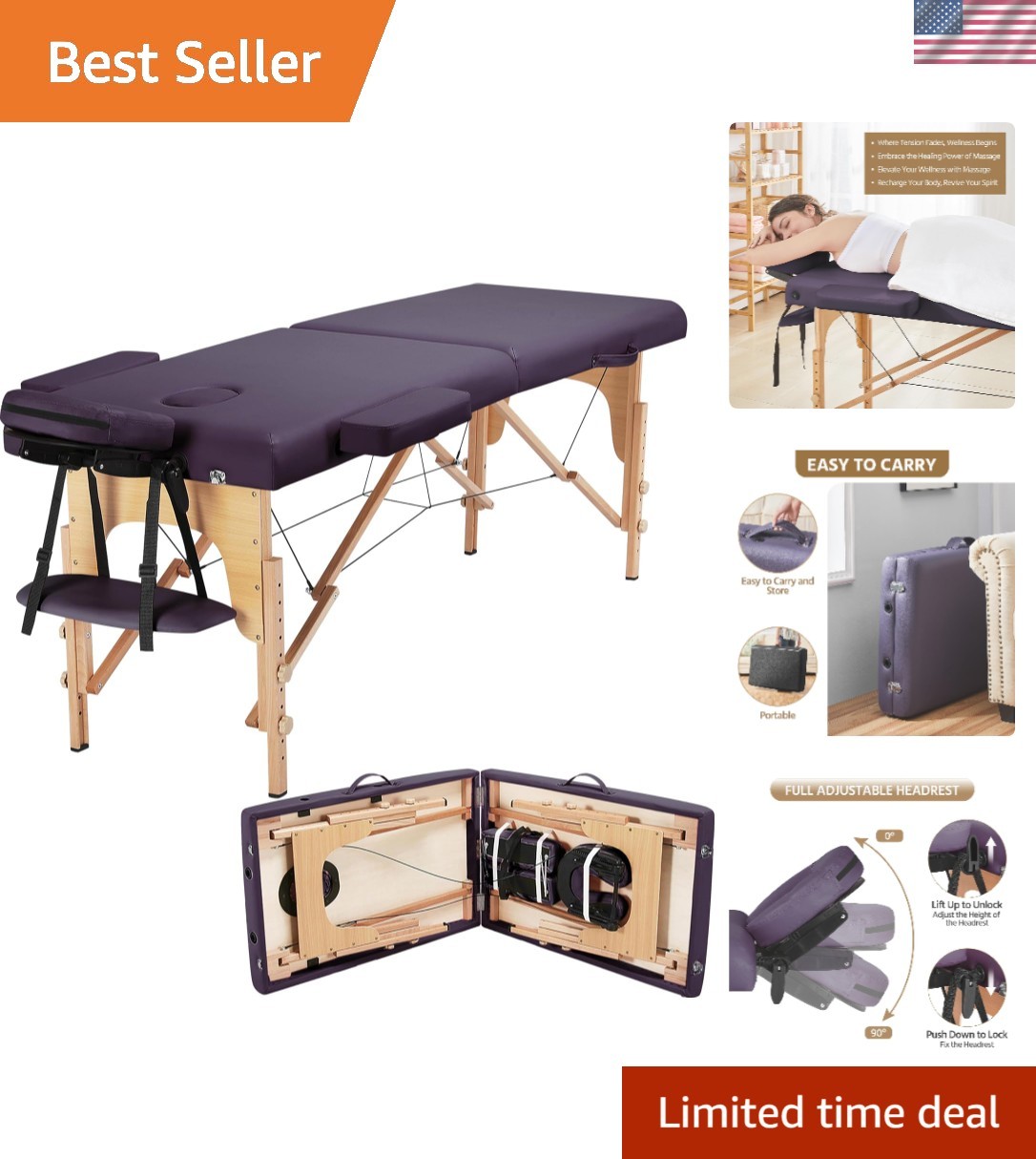 Folding Spa Bed with Adjustable Features, Lavender Color - Ideal for Therapists