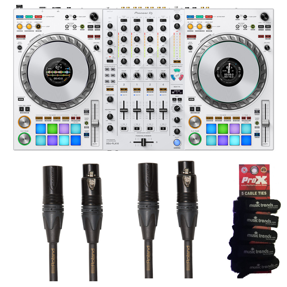 Pioneer DJ DDJ-FLX10 White with 2x Roland Gold 25' XLRs
