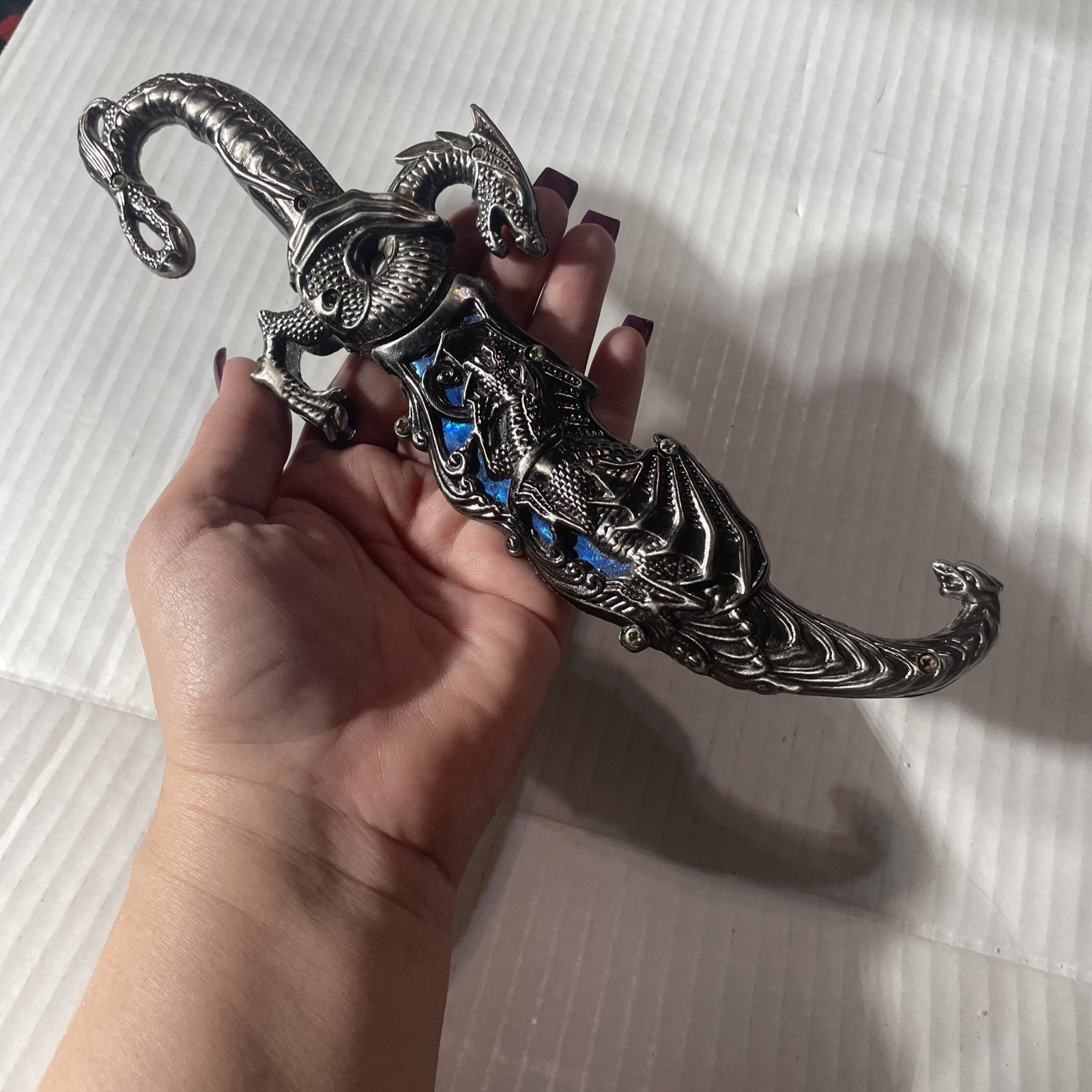 10" Collectible Fantasy Blue Dragon Dagger Knife Blade Ornate Standing Steel