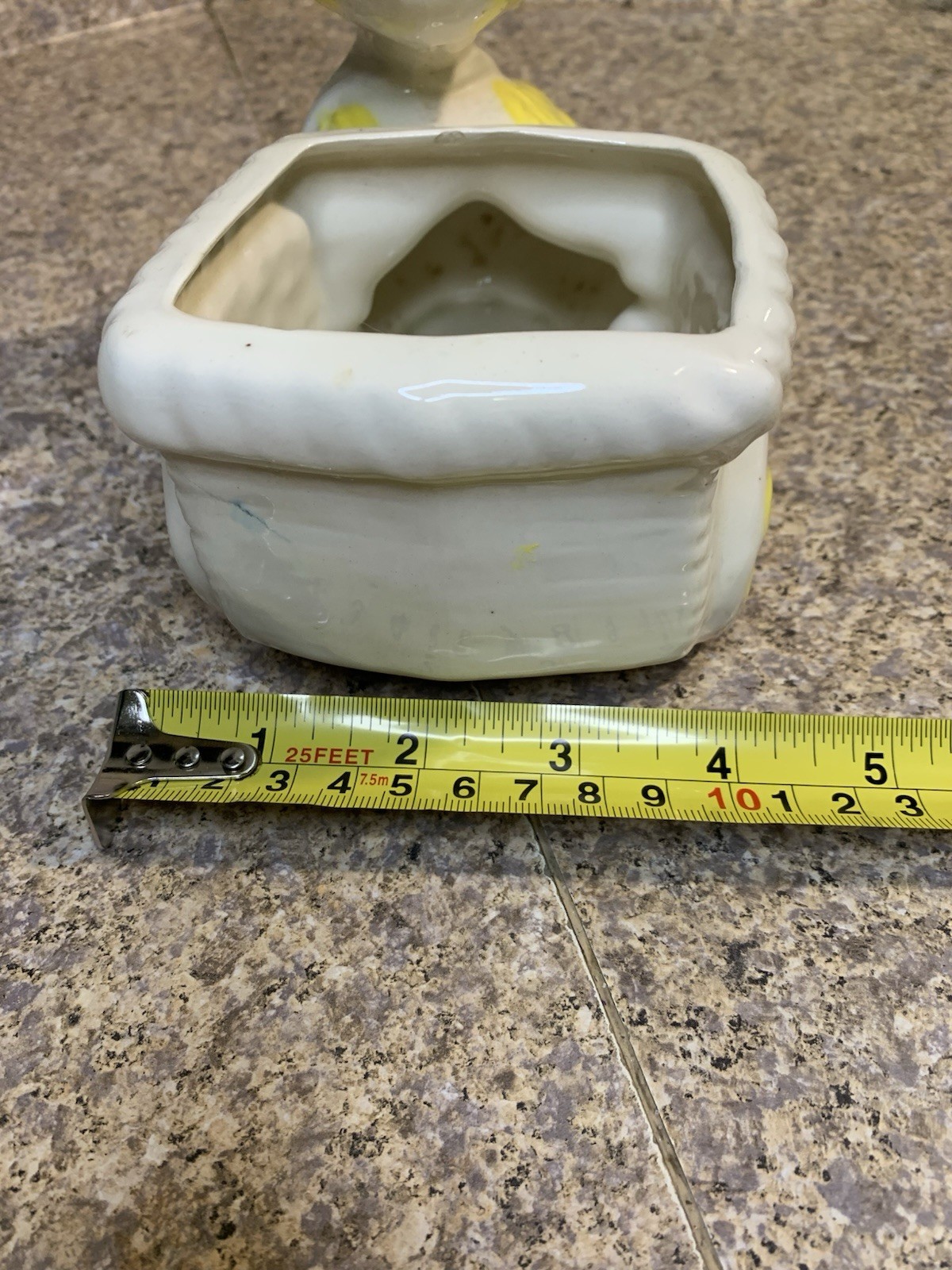 Vtg MCM Glazed Ceramic Duck Pulling Cart Planter - READ