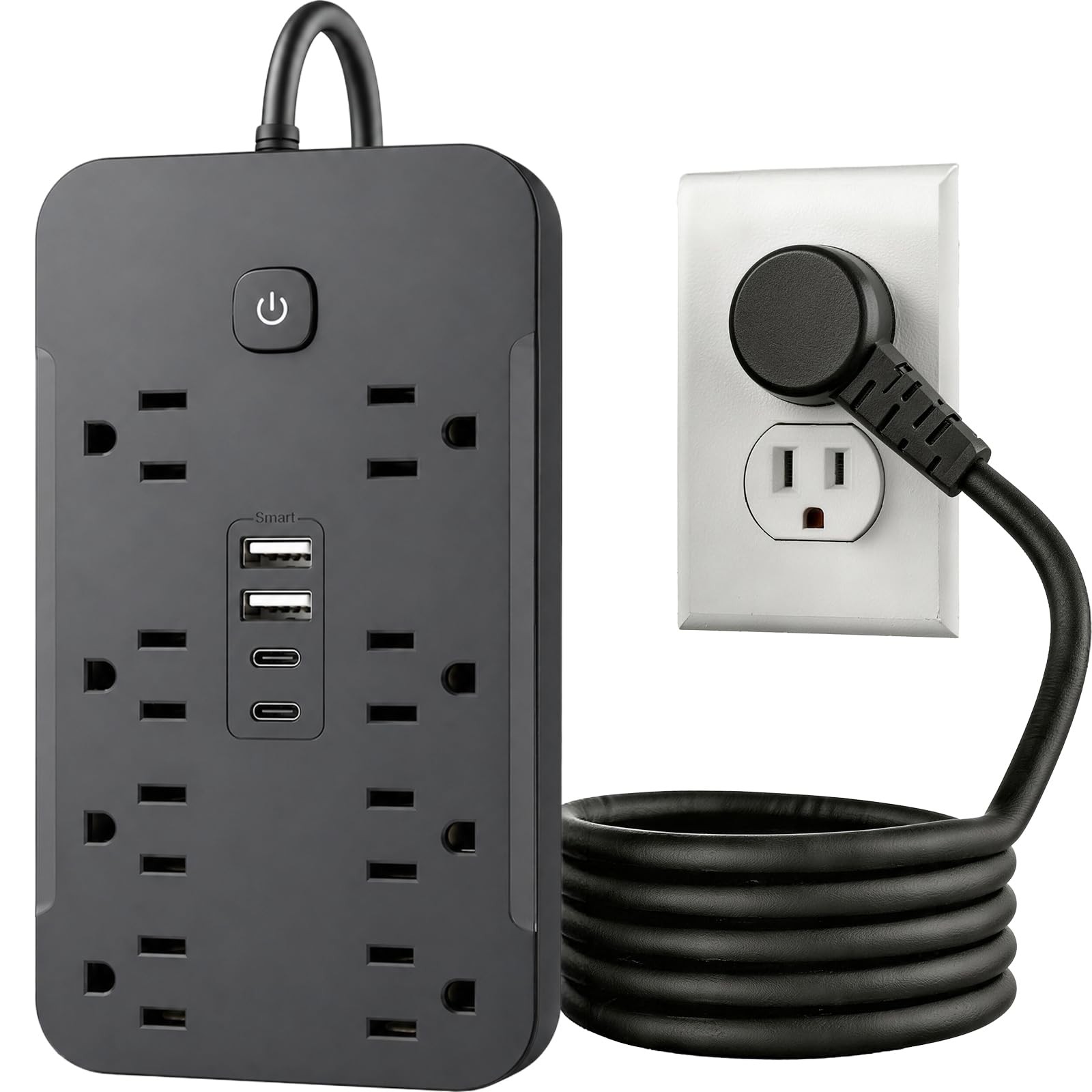 6 Ft Surge Protector Power Strip 8 AC 4 USB 1430W 11.5A Flat Plug Extension
