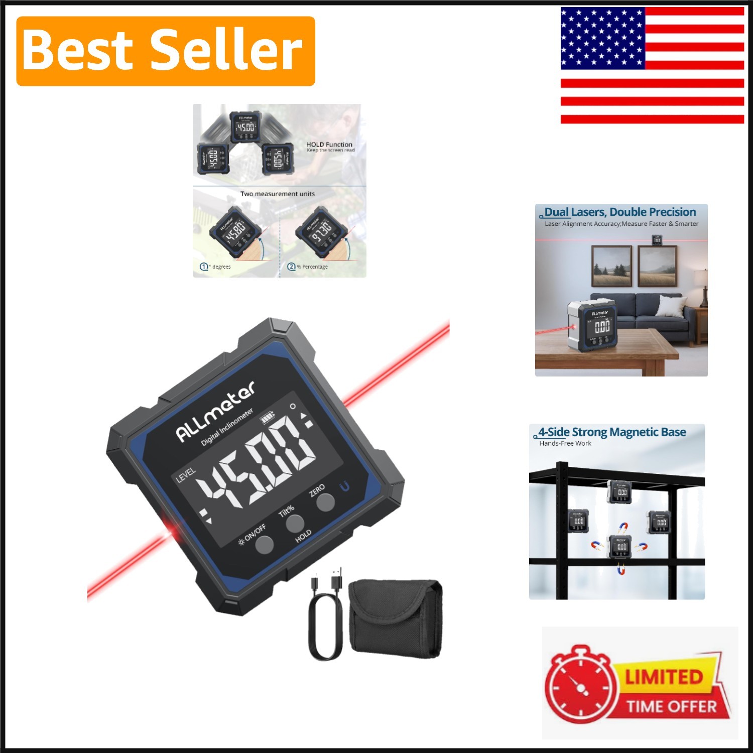 4-Sided Magnetic Laser Inclinometer Digital Level - Ideal for Woodworking & DIY