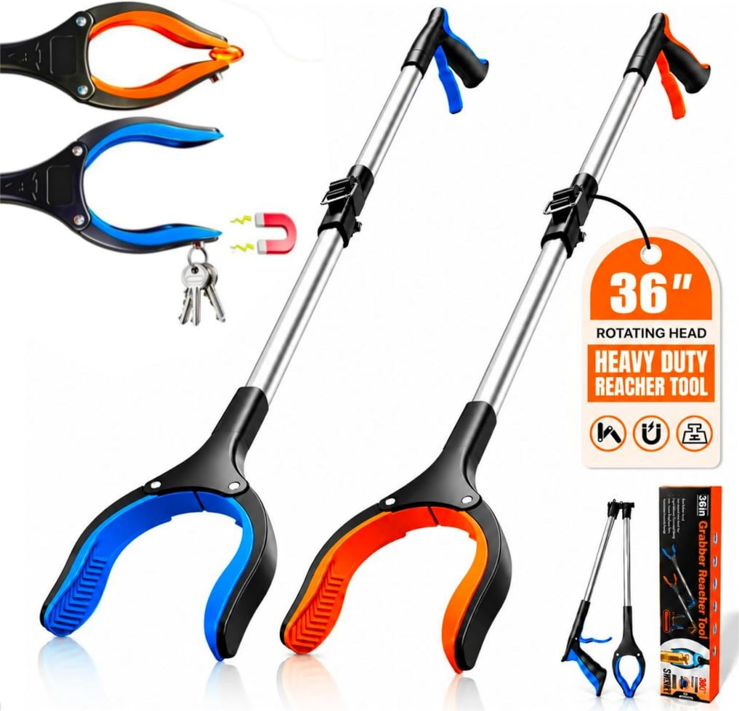 2 Pack 36" Magnetic Grabber Reacher Tool, Extra Long Reacher Grabbers, Easy Fold
