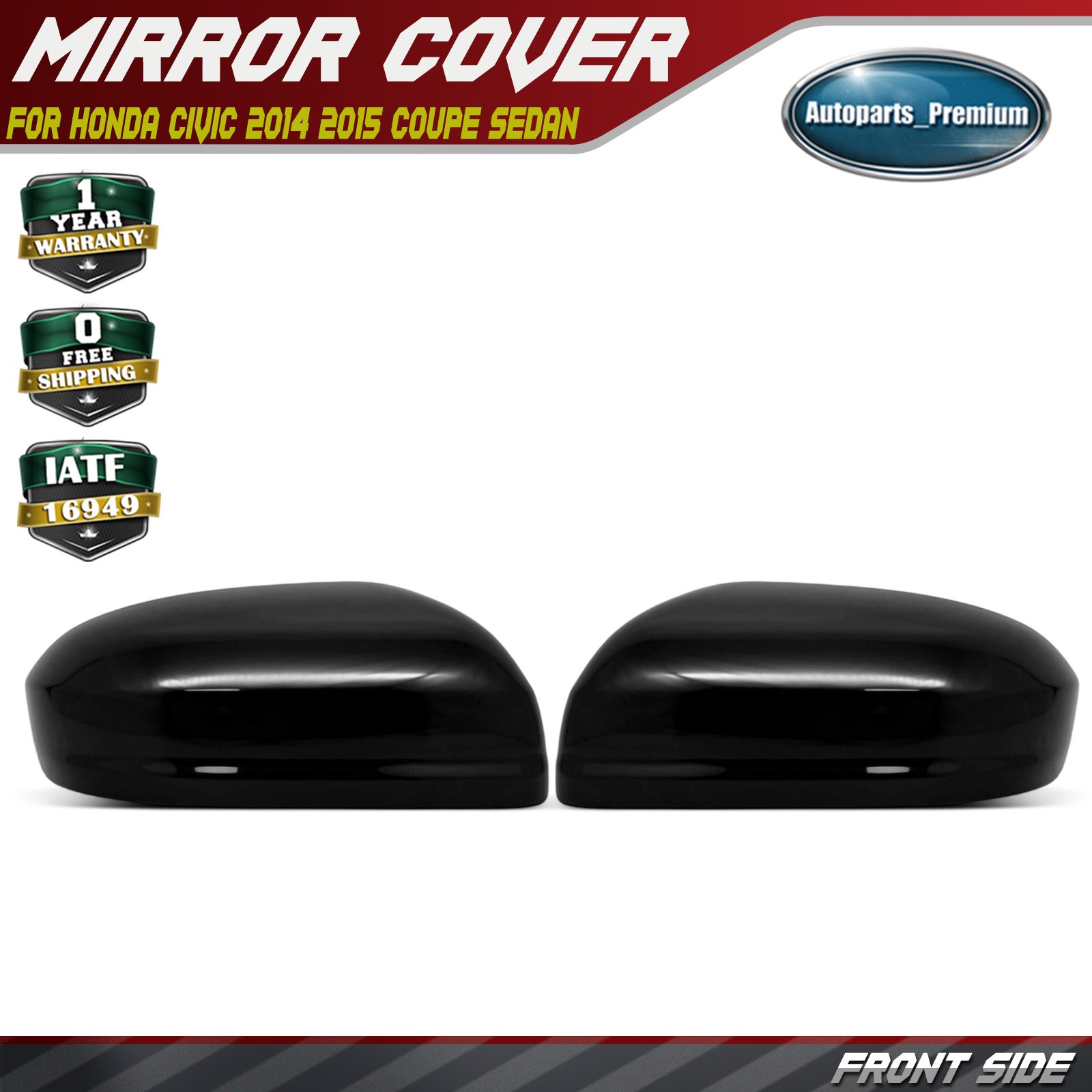 Pair Mirror Cover Cap Plastic Smooth Black for Honda Civic 2014 2015 Coupe Sedan