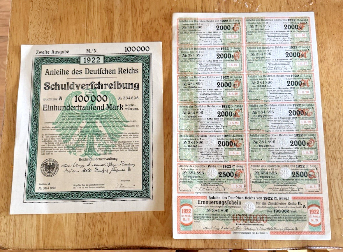 1922 German Government Treasury Bond & Interest Coupons Intact 100,000 Mark