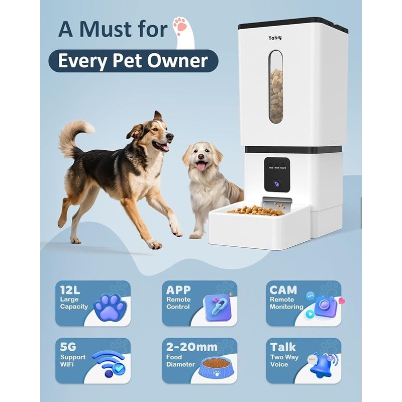 Automatic Dog Feeder Large Breed with Camera 12L/50 Cups 5G WiFi App Control