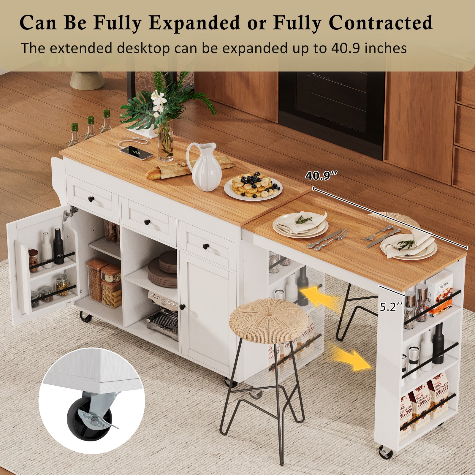 White Kitchen Island with Extendable Dining Table, 3 Drawers, 2 Doors, 85.5"
