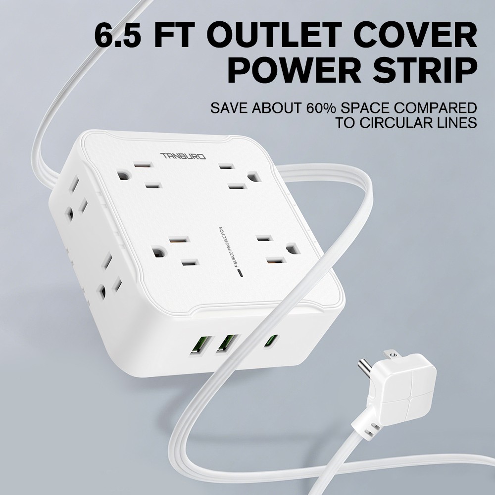 8 Outlets Power Strip with 2 USB A + 2 USB C Charger 2M Extension Cord Flat Plug