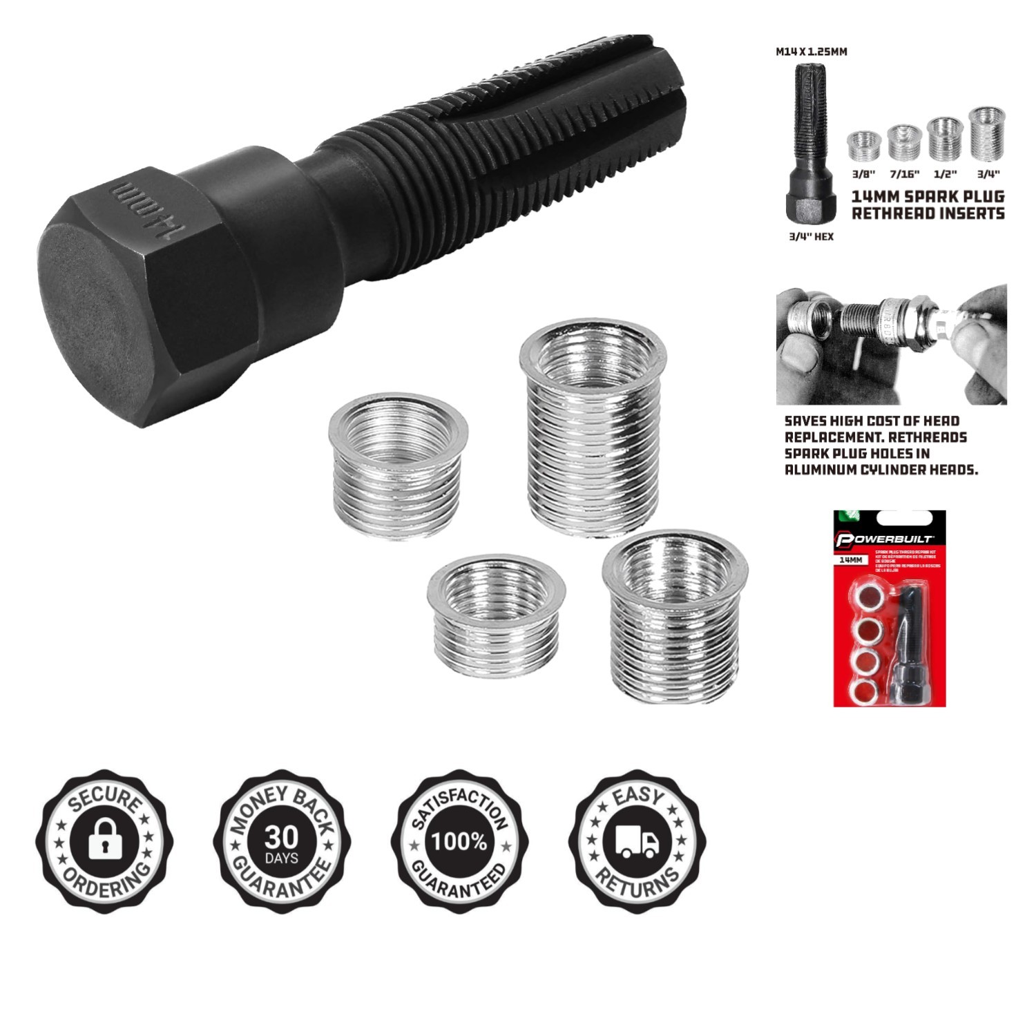 Repair Damaged Spark Plug Threads with 14mm Kit - Tap & 4 Inserts Included