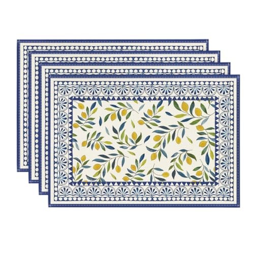 Lemon Branches Leaves Lace Summer Placemats Set of 4, 12x18 Inch Seasonal