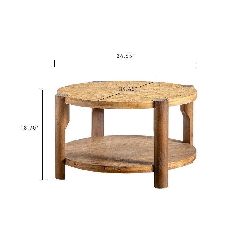 Round Coffee Table with Solid Wood for Living Room, 2-Tier Round Coffee Table