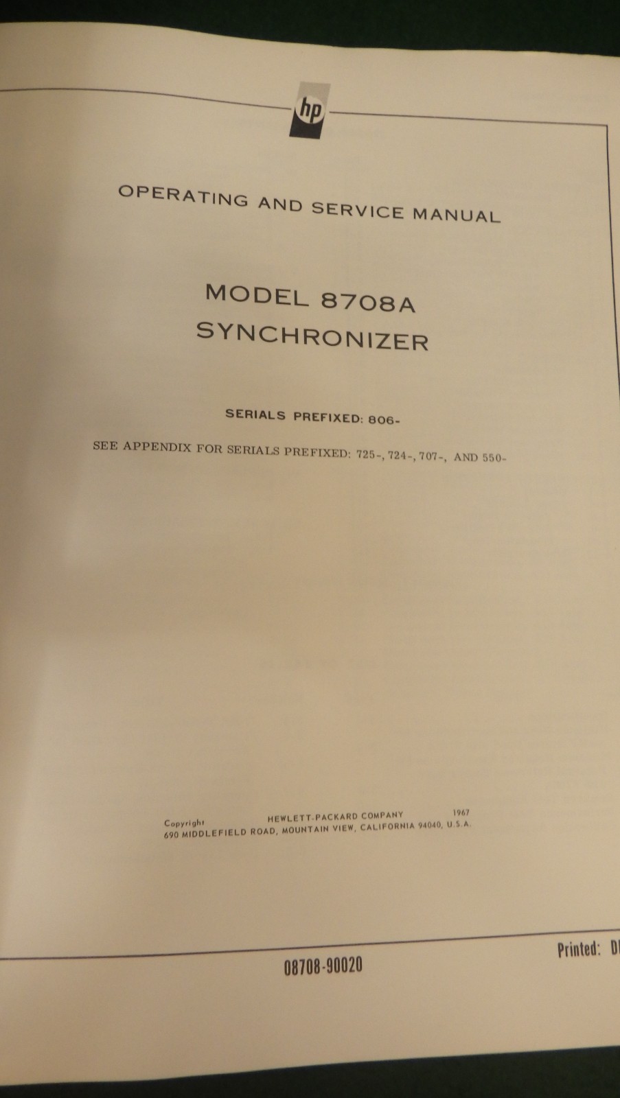 Hewlett Packard 8708A Synchronizer Operating Manual 1967
