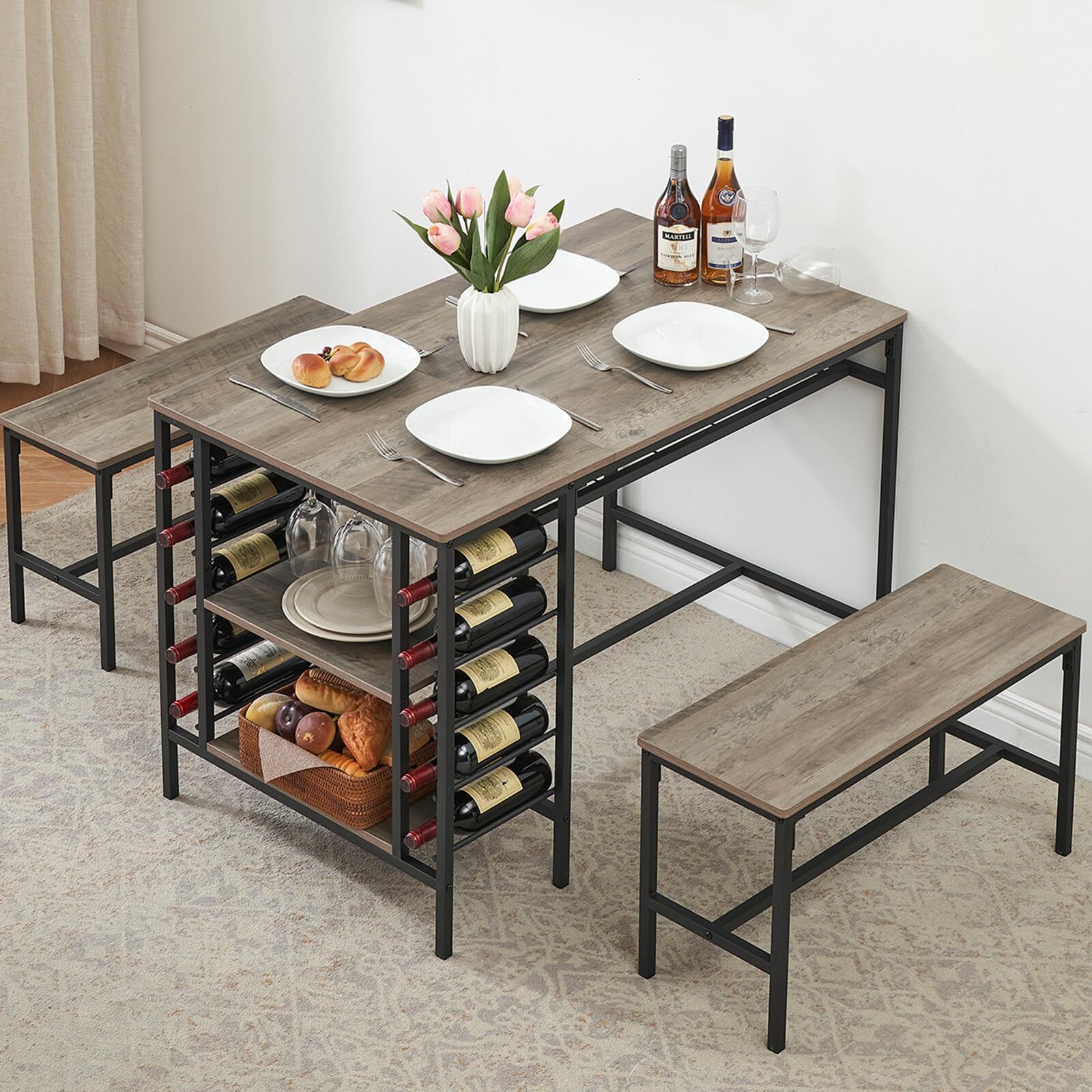 Dining Table Set for 4 Kitchen Rectangular Table & 2 Benches, Wine Rack Dinette