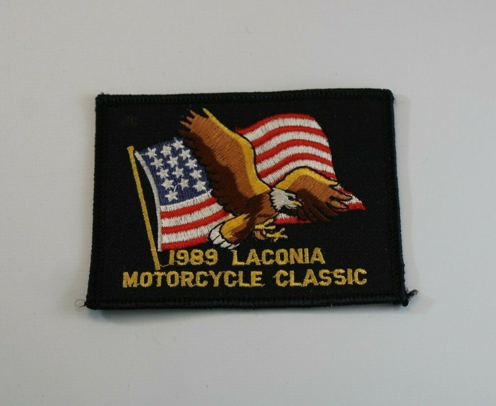 1989 Laconia Motorcycle Classic Rally Patch Eagle American Flag 4" x 3"