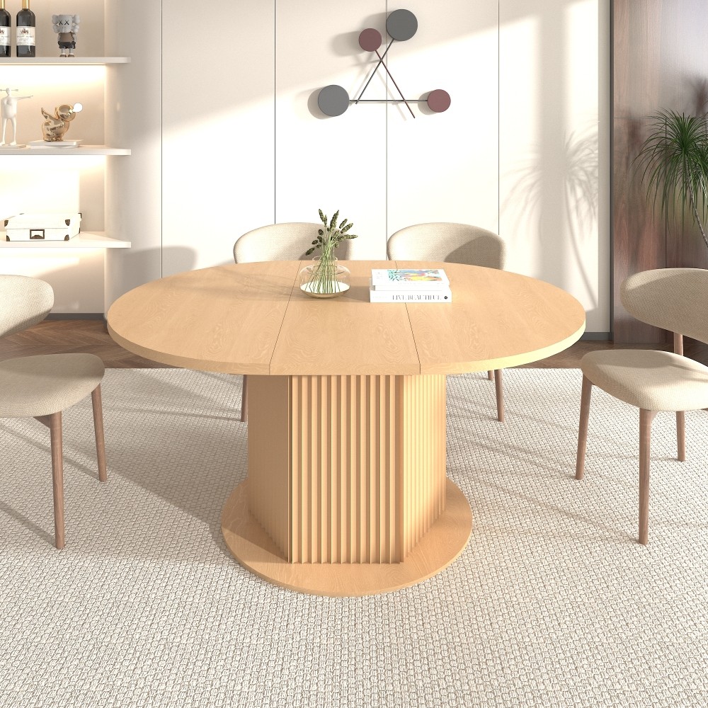Round Extendable Dining Table for 6 MDF Wooden Kitchen Table with Hexagonal